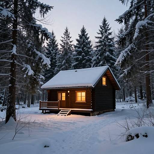 Photograph of a wooden cabin with warm yellow lights, surrounded by snow-covered trees at dusk in a serene winter forest.