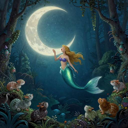 Digital fantasy artwork: A green-scaled mermaid with flowing blonde hair gazes at a glowing crescent moon in a dark, mystical forest, surrounded