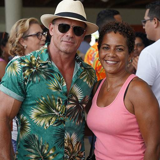 Smiling couple in casual tropical attire at social gathering