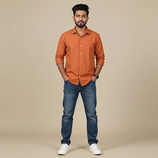 Photograph of a bearded man with short dark hair, wearing an orange button-up shirt, blue jeans, and white sneakers, standing against a beige