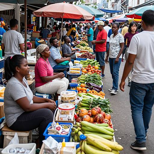 Photograph of a busy outdoor market stall with diverse vendors and customers, colorful vegetables, and umbrellas lining the street.