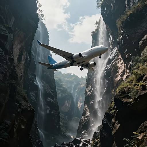 Photorealistic digital art: A white airplane with blue tail flies between towering, mist-covered rocky cliffs with waterfalls, under a bright, cloudy sky