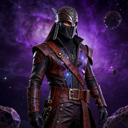 Digital art of a mysterious armored warrior with glowing blue patterns, black mask, and helmet, standing in a purple nebula.