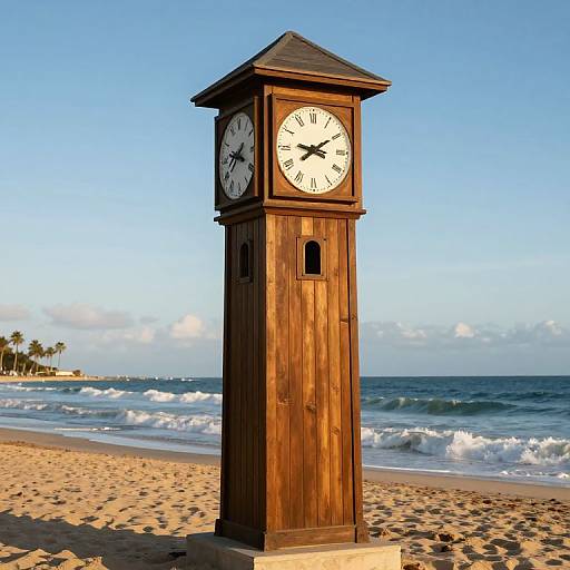 Photograph of a wooden clock tower with two white-faced clocks on a sandy beach, clear blue sky, ocean waves, and distant palm trees.
