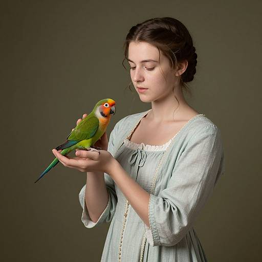 Photograph of a young woman with fair skin and brown hair in a loose braid, gently holding a green and orange parakeet in her cup