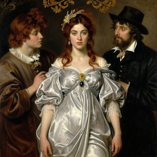 Baroque-style painting: A fair-skinned woman in a shimmering silver gown with puffed sleeves, adorned with gold and blue, stands between two