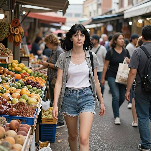 Photograph of a young woman with black hair, white tank top, denim shorts, and gray cardigan, walking through a busy outdoor market with colorful