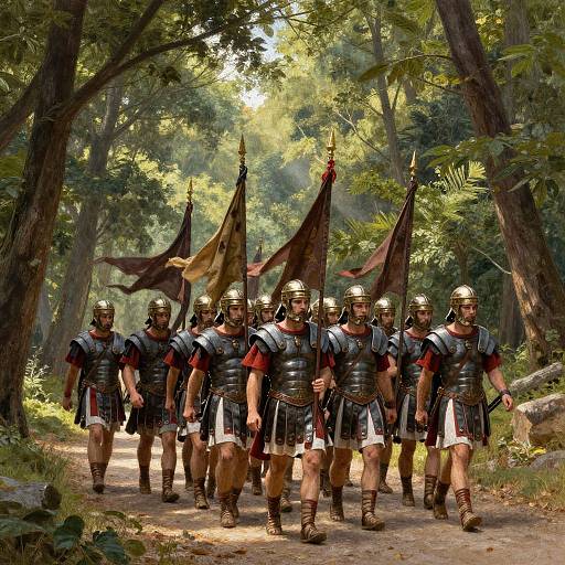 Photorealistic digital art: Ancient Roman soldiers in silver armor, red shirts, and helmets march through a sunlit forest, carrying red and brown flags