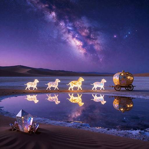Nighttime beach scene with glowing unicorn sculptures, a golden carriage, and a crystal cluster, reflecting in a puddle under a starry, Milky Way