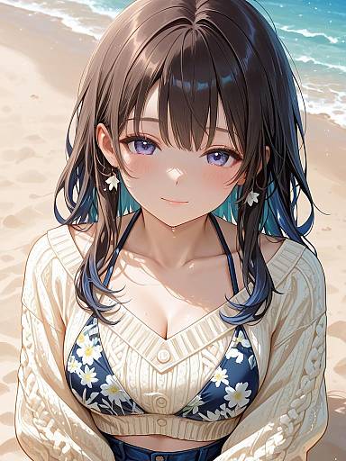 Young Woman in Floral Bikini and Beach Sweater at Seaside