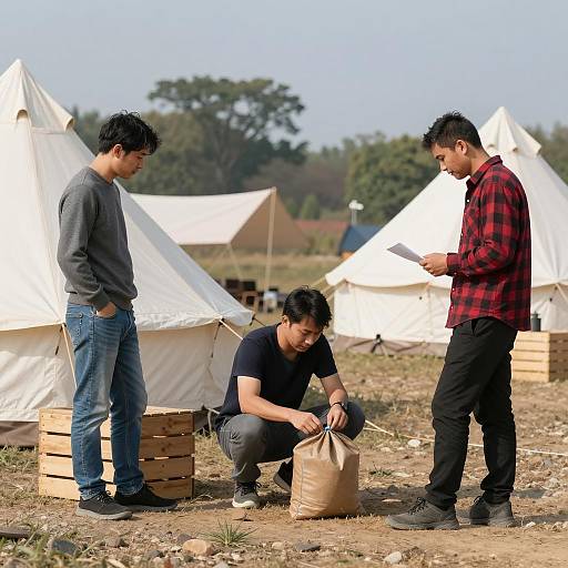 Three Men Setting Up Outdoor Campsite