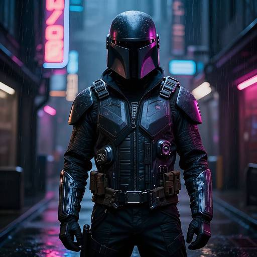 Futuristic Bounty Hunter in Cyberpunk Alley