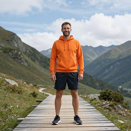 Photograph of a smiling bearded man in an orange hoodie and black shorts standing on a wooden path in a mountainous landscape.