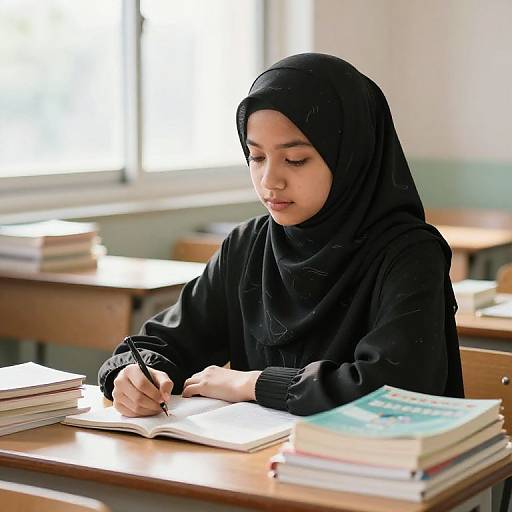 Photograph of a young woman with light skin and brown eyes, wearing a black hijab and sweater, writing in a notebook at a school desk with
