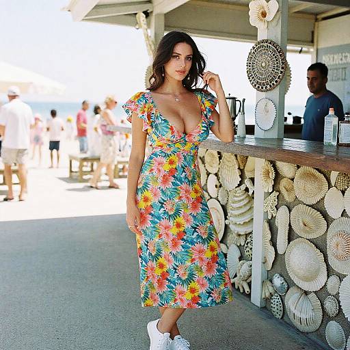 Woman in Vibrant Floral Dress at Beach Bar