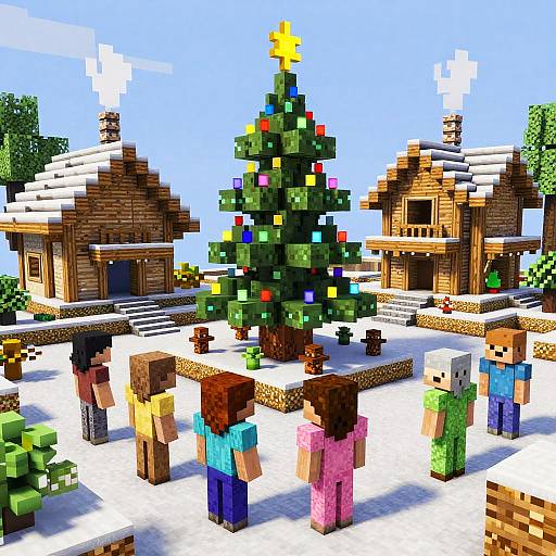 Pixel art Christmas scene: blocky Minecraft-style characters gather around a decorated tree in front of snow-covered wooden houses on a bright blue day.