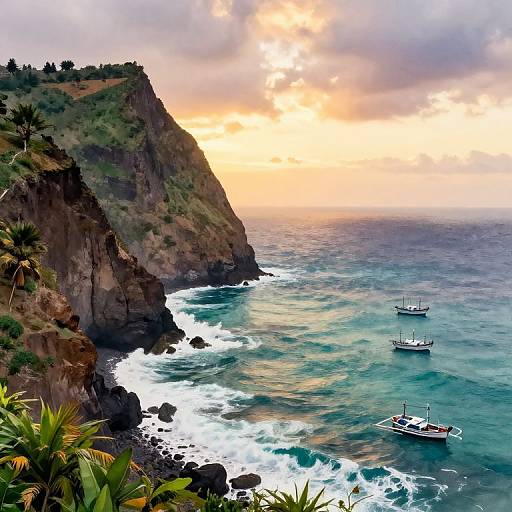 Madeira Sunset Coastal Watercolor Scene