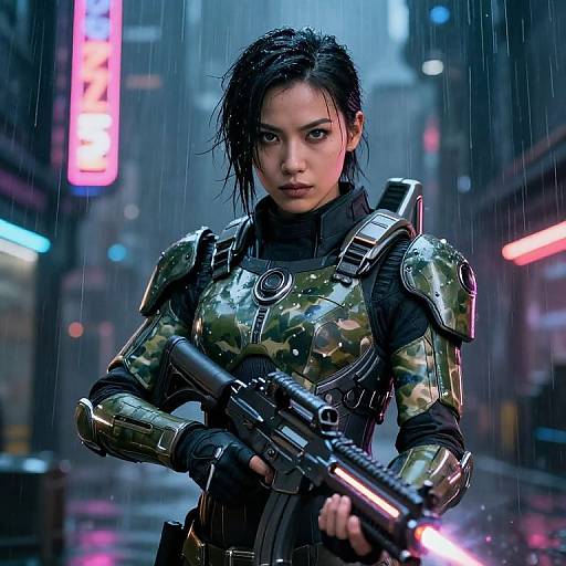 Cyberpunk street scene: Asian woman with wet black hair, camo armor, and tactical gear, holding a futuristic gun, rain falling, neon