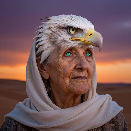 Elderly Woman with Eagle Face Double Exposure