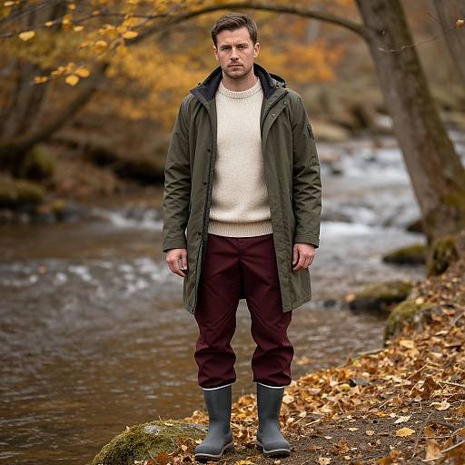 Photograph of a serious, short-haired man in a green coat, white sweater, brown pants, and blue boots, standing by a autumnal forest