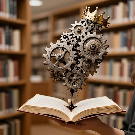 Photograph of open book with gold crown and metallic gears emerging from pages, set against blurred library bookshelves background.