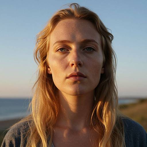 Close-up photograph of a blonde woman with fair skin and blue eyes, wearing a gray shirt, standing outdoors at sunset. Background shows a blurred ocean and