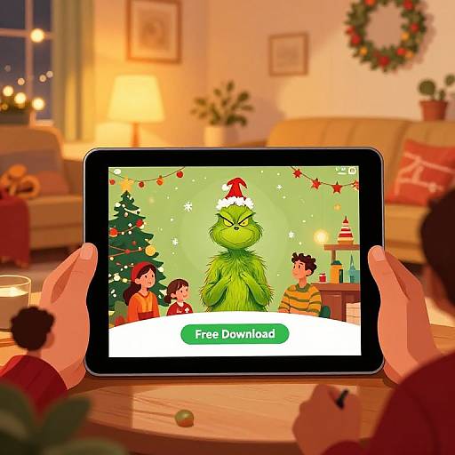 Photograph of hands holding a tablet showing a cartoon Christmas scene, 