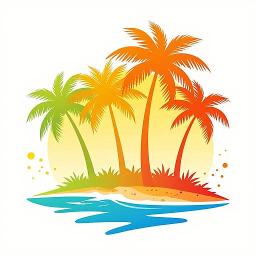Bright, colorful illustration of three palm trees in green, yellow, and orange, standing on a small, sandy island with blue water and a yellow-orange