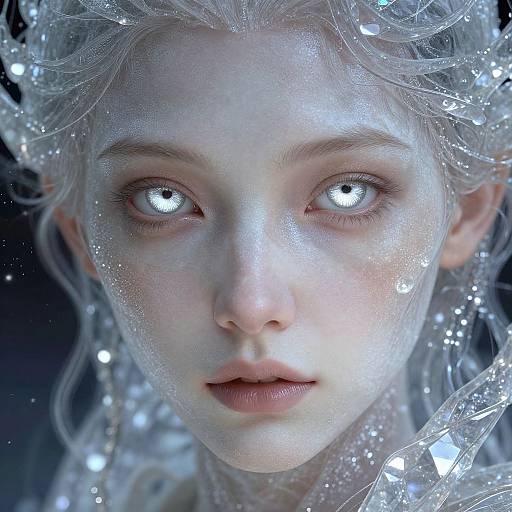 Digital artwork of a pale, ethereal woman with glowing, heart-shaped eyes, translucent white hair, and crystal-like elements surrounding her face.