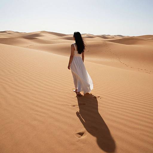 Photograph of a lone woman with long dark hair in a flowing white dress walking through sunlit, rippled sand dunes.