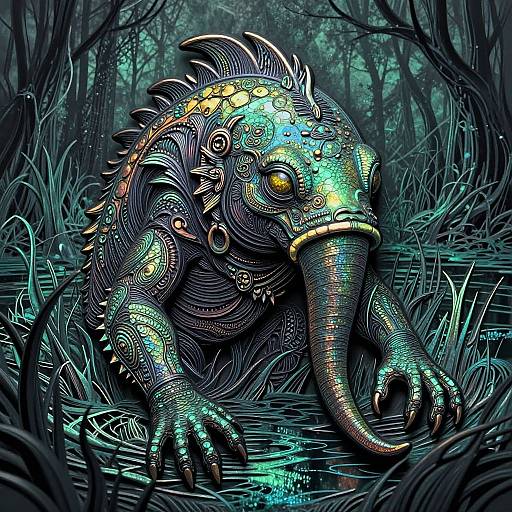 Digital artwork of a stylized, armored elephant-like creature with intricate patterns, glowing yellow eyes, and a trunk, wading through a dark, lush