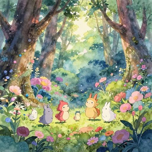 Whimsical forest scene in vibrant watercolor style, featuring colorful flowers, tall trees, and five adorable, cartoonish animal characters with large eyes,