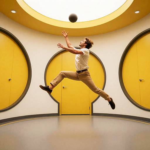 Man Flipping with Ball in Futuristic Circular Room