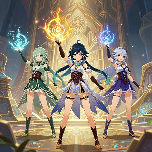 Digital anime-style artwork of three magical female warriors with glowing elements, standing in a grand, ornate hall with radiant light.