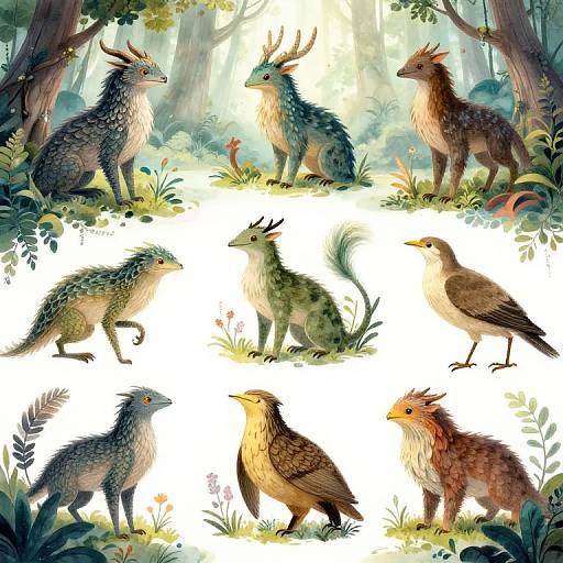 Digital illustration of nine fantasy deer-like creatures with varied fur patterns and colors, standing in a lush, sunlit forest and white background.