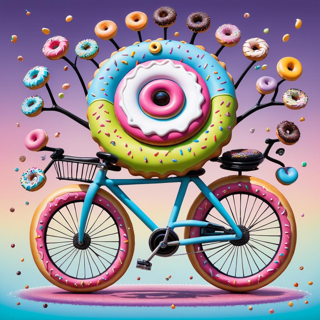 Whimsical Donut Bicyclist in Burton Style