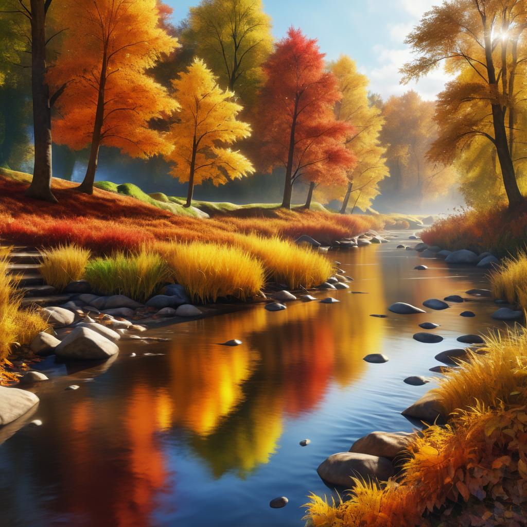 Lush Hyper-Realistic Autumn Riverbank Artwork