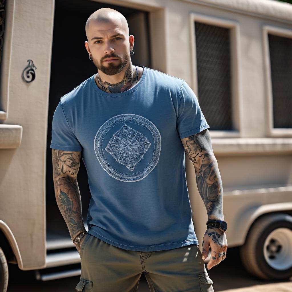 Stern Tattooed Man in Casual Attire