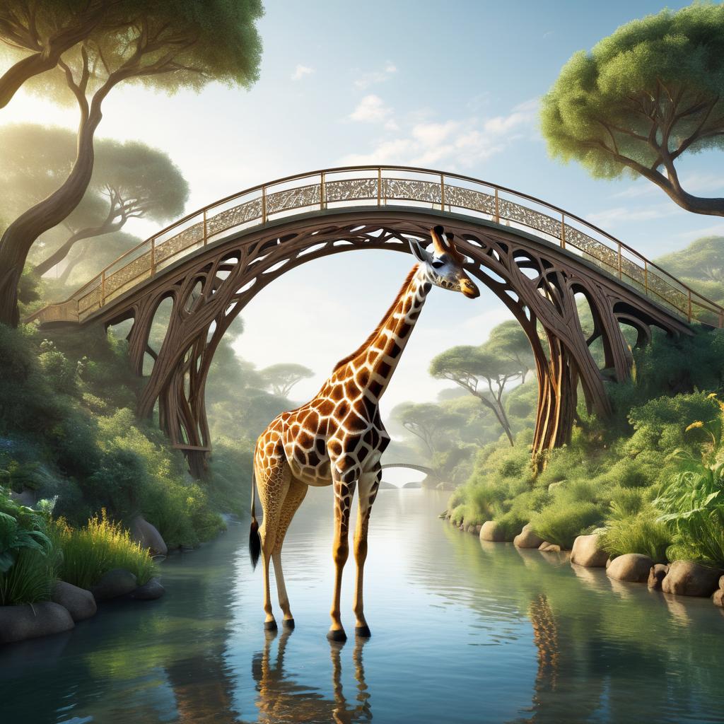 Surreal Giraffe-Bridge Fusion by the River