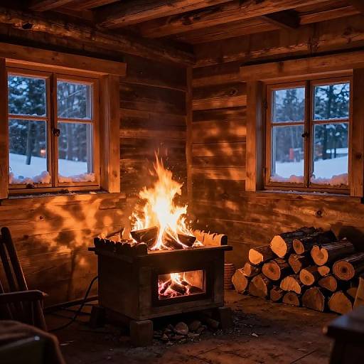 Photograph of a cozy log cabin interior with a roaring fire in a wood-burning stove, stacked firewood, and snow-covered windows.