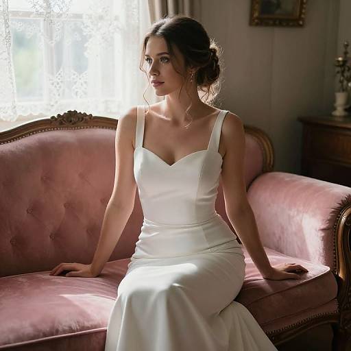 Photograph of a brunette woman with fair skin, wearing a white, strapless wedding dress, seated on a pink velvet couch in a sunlit,