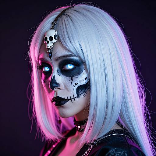 Digital portrait of a pale woman with white hair, glowing blue eyes, black skull makeup, and a small skull headpiece, illuminated by pink and blue