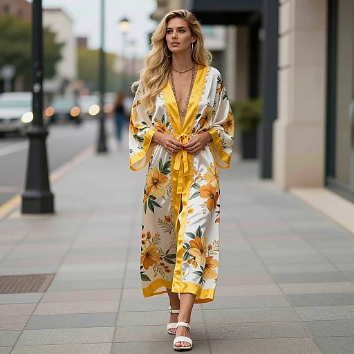 Elegant Woman in Floral Robe on Sidewalk