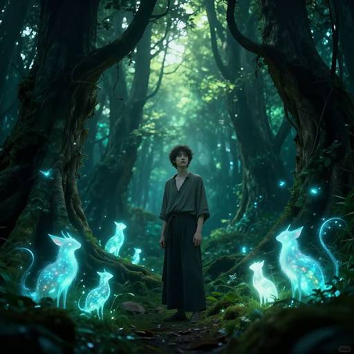 Digital art: Curly-haired woman in dark robe stands in enchanted forest, surrounded by glowing blue ethereal deer, illuminated by moonlight.