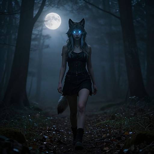 Digital artwork of a glowing blue-eyed wolf-girl with long hair, wearing a black dress, walking through a dark, moonlit forest.