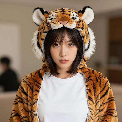 Photograph of an Asian woman with straight black hair wearing a tiger onesie with a hood and white shirt, standing indoors. Blurred background includes ind