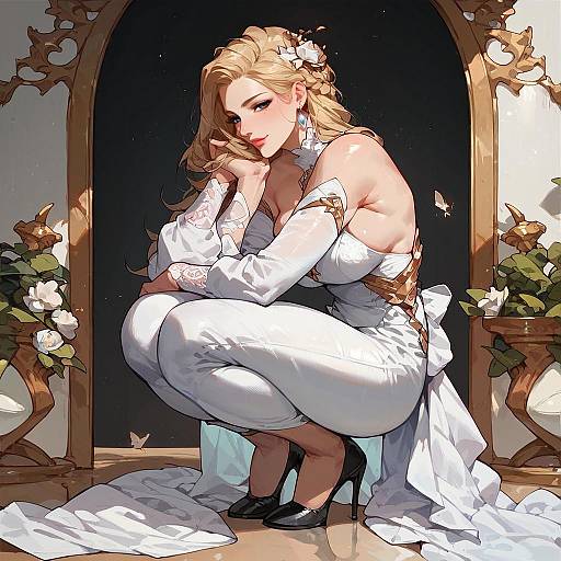 Blonde Woman Squatting in White Dress