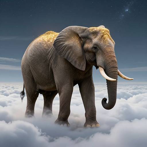 Photograph of a majestic, gray elephant with golden dust on its back, standing on fluffy white clouds under a starry night sky.