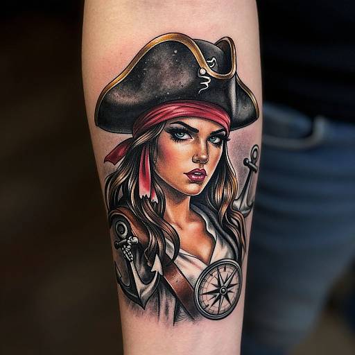 Realistic Pirate Girl Forearm Tattoo