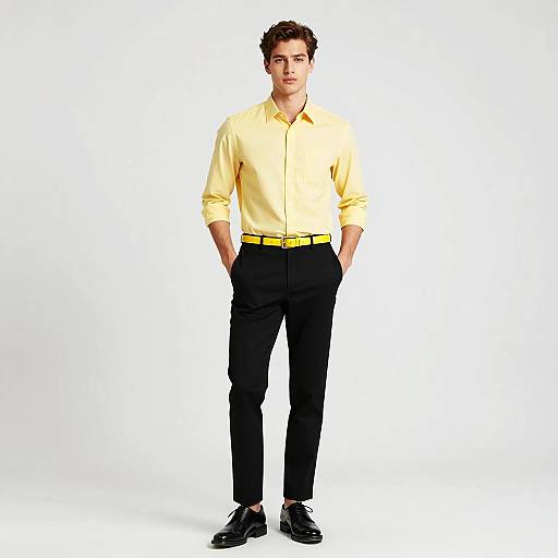 Young Man in Yellow Shirt and Black Trousers